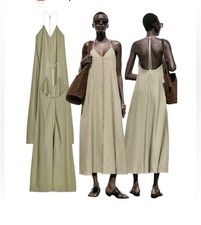Zara Olive Green Sleeveless V-Neck Maxi Dress with Back Strap NWT