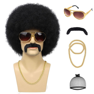 70S Afro Wig for Men Disco Costume Set Glasses Chain Mustache Short Curly Natura