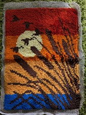 1970s MCM Rug Latch Hook Sunset Cattails Birds 27 X 20