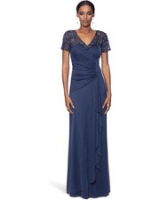 XSCAPE Long Sheer Matte Jersey Bead Yoke Short Sleeve Women Size 12 Charcoal NEW