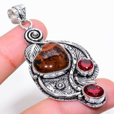 Natural Mahogany Obsidian Gemstone 925 Sterling Silver Jewelry Pendant Size 2.5"