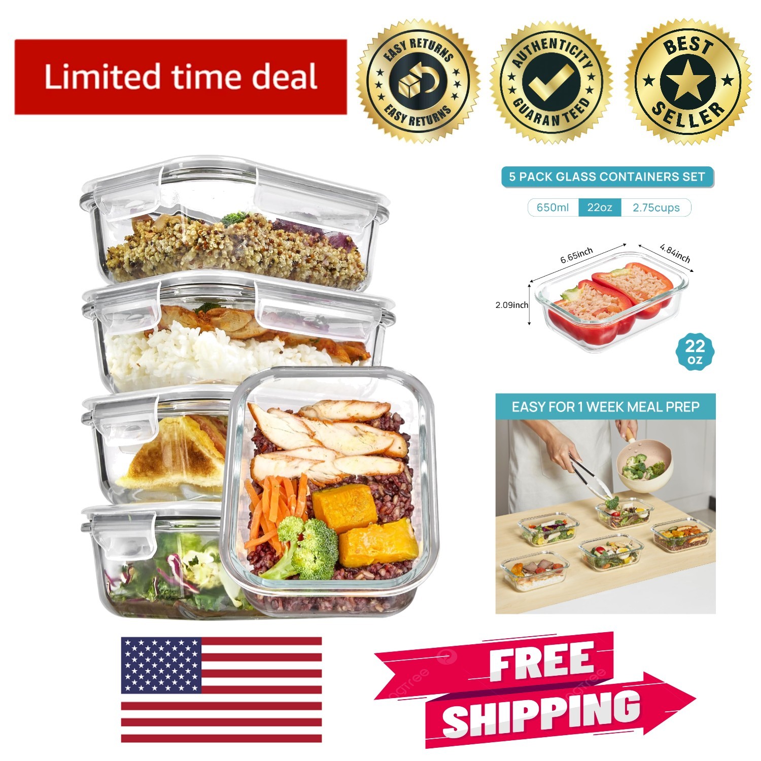 22oz Glass Meal Prep Containers - BPA-Free with Snap Airtight Lids & Easy Clean