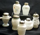 Antique Lot (7) Milk Glass Shakers & Condiment Bird, Floral, Grapes, Basketweave