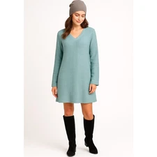 J.Jill Teal Rib Knit Sweater Dress V-Neck Long Sleeve Cozy Coastal Boho Fall M