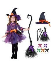 Child Girl Orange Purple Witch Costume, Witch Outfit Set with Broom for Girls...