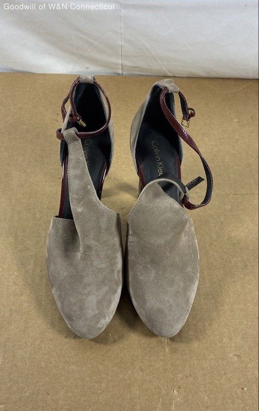 Calvin Klein Cherilyn Grey Suede Burgundy Ankle Strap Pumps Heels Women's Size 7
