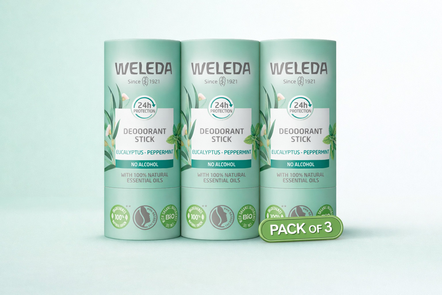Weleda 24 Protection Deodorant Stick Eucalyptus Peppermint No Alcohol Pack of 3