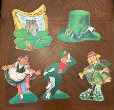 5 LARGE vtg 1950s St. Patrick's Day IRISH Harp Dancers Leprechaun Hat Cutouts #1