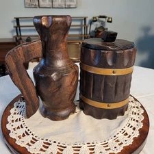 Vtg Hand Carved Wooden Pitcher/ Canister Gothic Primitive Style Made In Spain