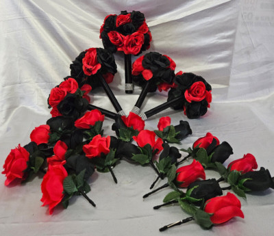 Red & Black Bouquet Set With Rhinestone around the Handle Wedding Bouquet Set