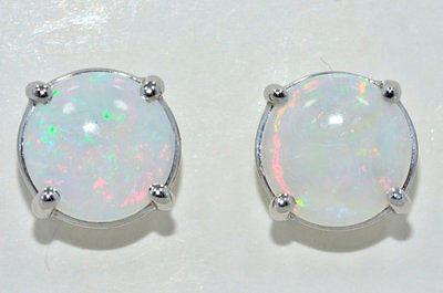 Natural Opal 8mm Round Stud Earrings White Gold Silver