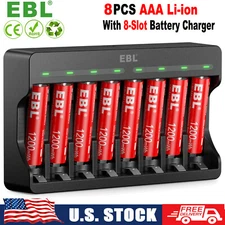 8Pcs EBL AAA Rechargeable Lithium Li-ion Batteries 1.5V / 8-Slot Battery Charger
