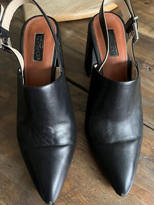 Vintage TOPSHOP Blk leather Sling Back Block Heel Shoes, Size 40 Small  Size UK