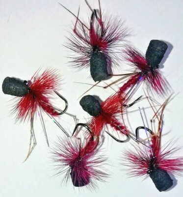 6 Nr. BARBLESS Claret Suspender Hopper Dry Fly Gr. 12
