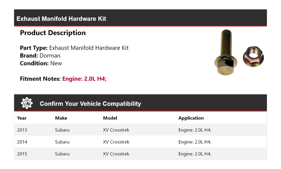 Kit de ferragens coletor de escape Dorman para 2013-2015 Subaru XV Crosstrek 2.0L H4 - Imagem 2 de 4