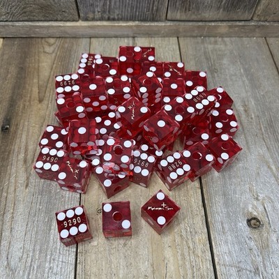 SET OF 6 Mohegan Sun Casino Drilled Canceled Dice Ruby Red -Gold Letters READ