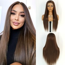 Long Straight Synthetic Lace Front Wigs Brown Hair Heat Resistant Daily Wear Wig