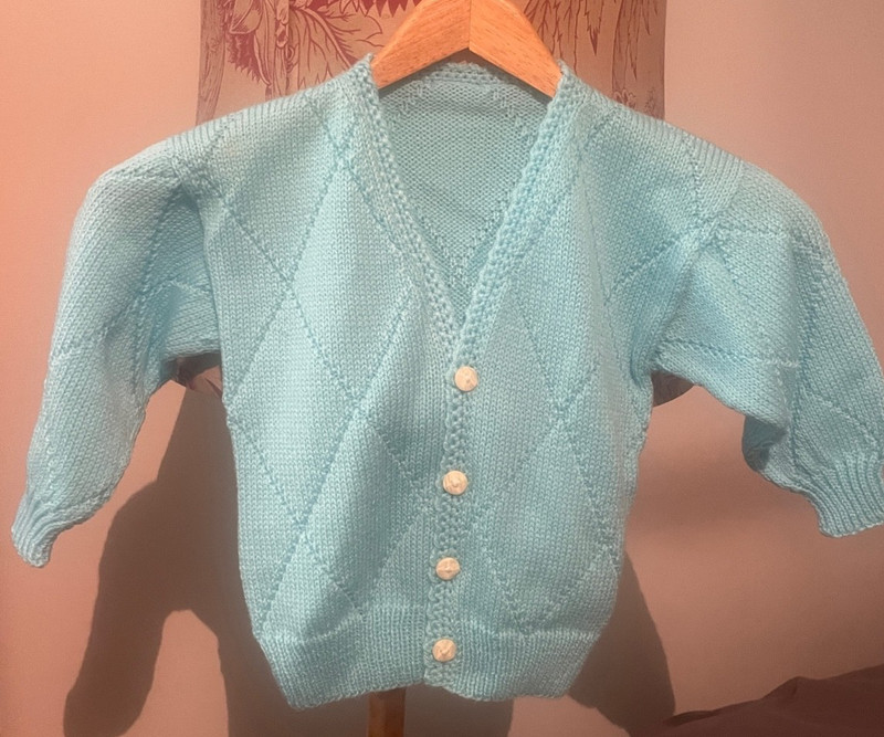 baby sweater, 6-12mo, fine Italian wool, light blue, professionally knit, cardig