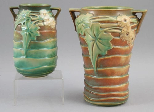 Antique American Arts & Crafts Roseville Art Pottery LUFFA Leaf & Blossom Vases