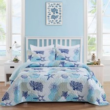Coastal Quilt Set Queen Size, Blue Ocean Beach Themed Bedding Set Coral Seash...