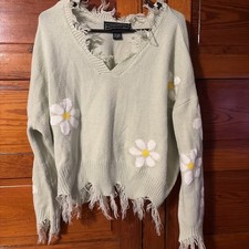 Polly And Ester Women  s Pullover Poncho Sweater, Green W/ Flowers, Fringe, Large