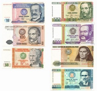 LOT 7 BANKNOTES CENTRAL RESERVE BANK OF PERU 1985 87 FDS /FDS