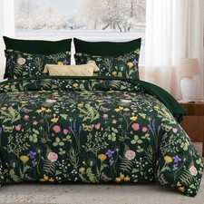 Queen Comforter Set Bedding Set Bed in a Bag 7 Piece Dark Green Floral
