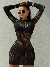 Sexy Black Sheer Mesh Long Sleeve Mini Dress Women See Through Bodycon Clubwear