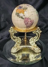 Vintage Mother of Pearl Multy GEMSTONES Inlay Globe w/Gold Brass Base & Mirror 