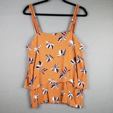 Studio B XL Tiered Crepe Tank Top Orange Blue Tropical Floral Vacation Beachy