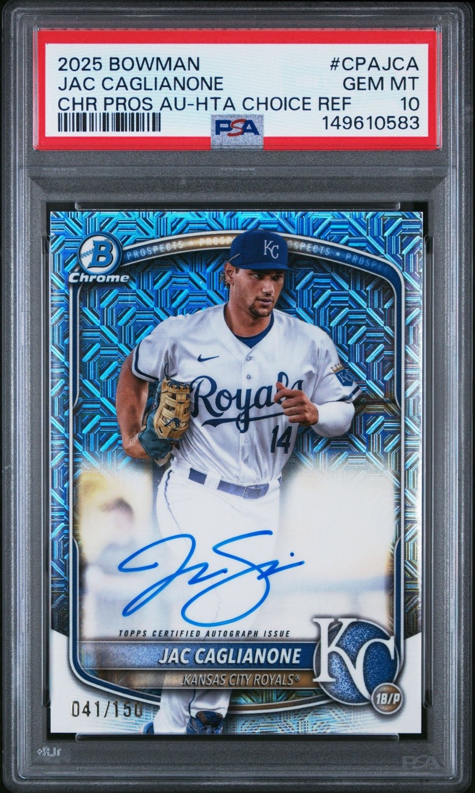 2025 Bowman Chrome Jac Caglianone HTA Choice Refractor Auto /150 #JCA PSA 10 Gem