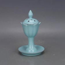 7.4"marked China Palace Ru Kiln Porcelain Lotus Candle Holder Candlestick Statue