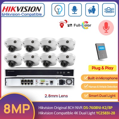 Hikvision 8CH 4K NVR 8MP Dual Light ColorVu+IR Dome Camera System HDD Lot Audio