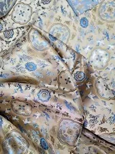 Blue Geometric Beige Embroidered Brocade Jacquard Silky Fabric By The Yard Birds