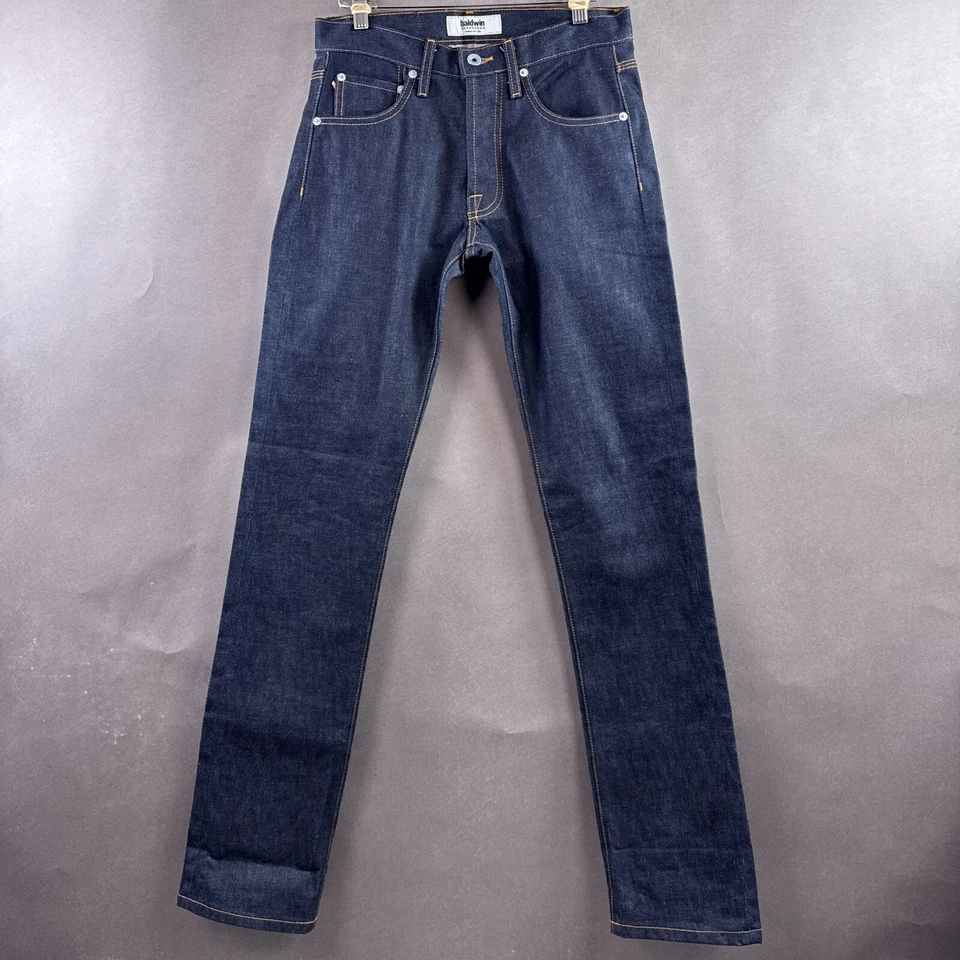 Pantalones de mezclilla Baldwin para hombre 30x36 ribete azul Henley hechos en la oscuridad EE. UU. (etiquetados 27) Foto 2 de 4