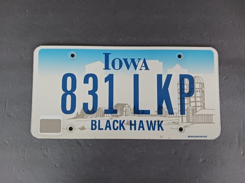 2014 Iowa License Plate 831 LKP BLACK HAWK