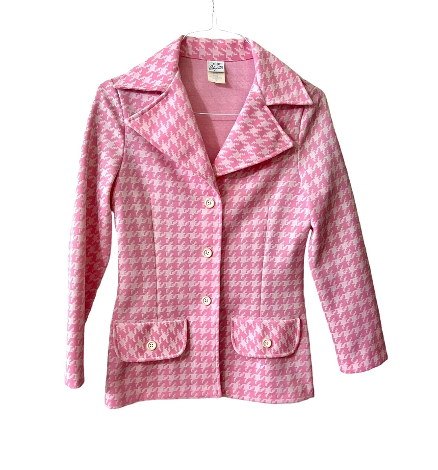 Vintage BarbieCore Pink Houndstooth Jacket Flare Pants Pantsuit Mod 60s Blazer M - Image 2 of 4