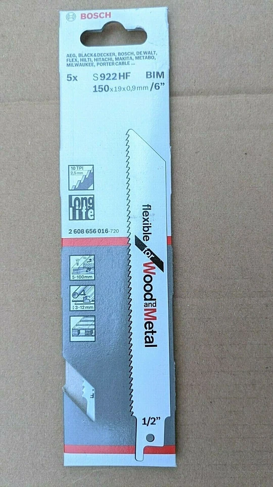 BOSCH 5 X RECIPROCATING SAW BLADES FOR WOOD AND METAL 150MM S922HF