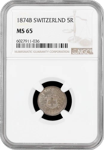 Switzerland 5 rappen 1874 B, NGC MS65, "Confoederatio Helvetica (1850 - 1916)"