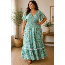 Canyon Retreat Women 1X Aqua Teal Floral Smocked Faux Wrap Midi Dress Boho