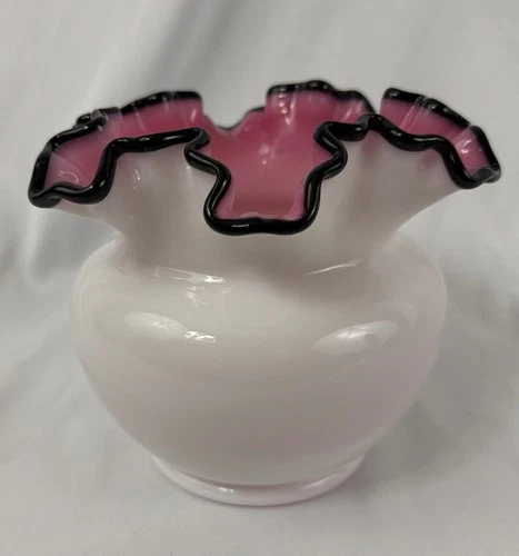 Vtg. Fenton Pink White Cased Black Crest Ruffled Bowl Vase 5" Factory Defects