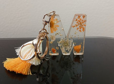 Letter M Floral Keychain Tassel Clear Orange White Key Ring