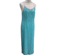 Blue Leaf Sequin Dress Aqua Maxi Party Cocktail Dress Strappy UK 14 Charity Sale