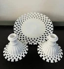 Westmoreland Milkglass LATTICE EDGE Candlesticks, Plate BONUS Candle Holder 4pcs