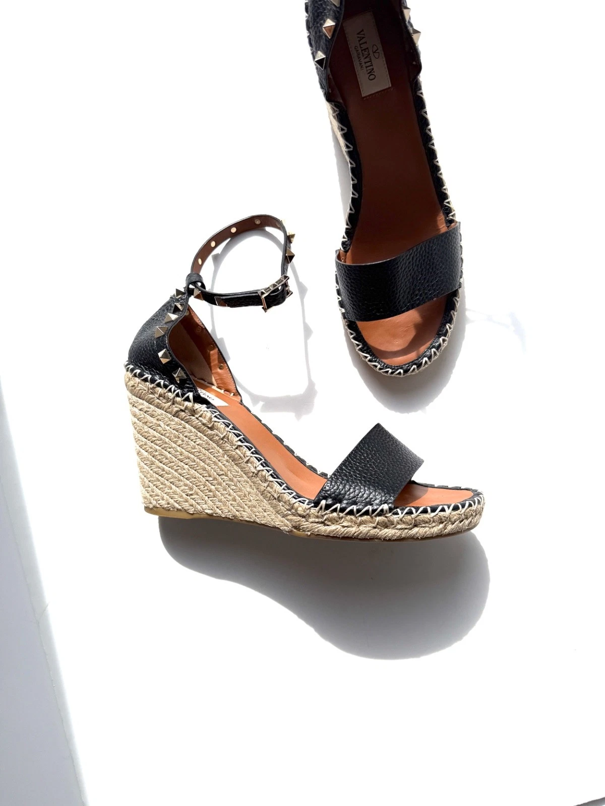 Valentino — VALENTINO Garavani Double Rockstud Black Espadrille Wedge Heel Sandals 41, 10.5