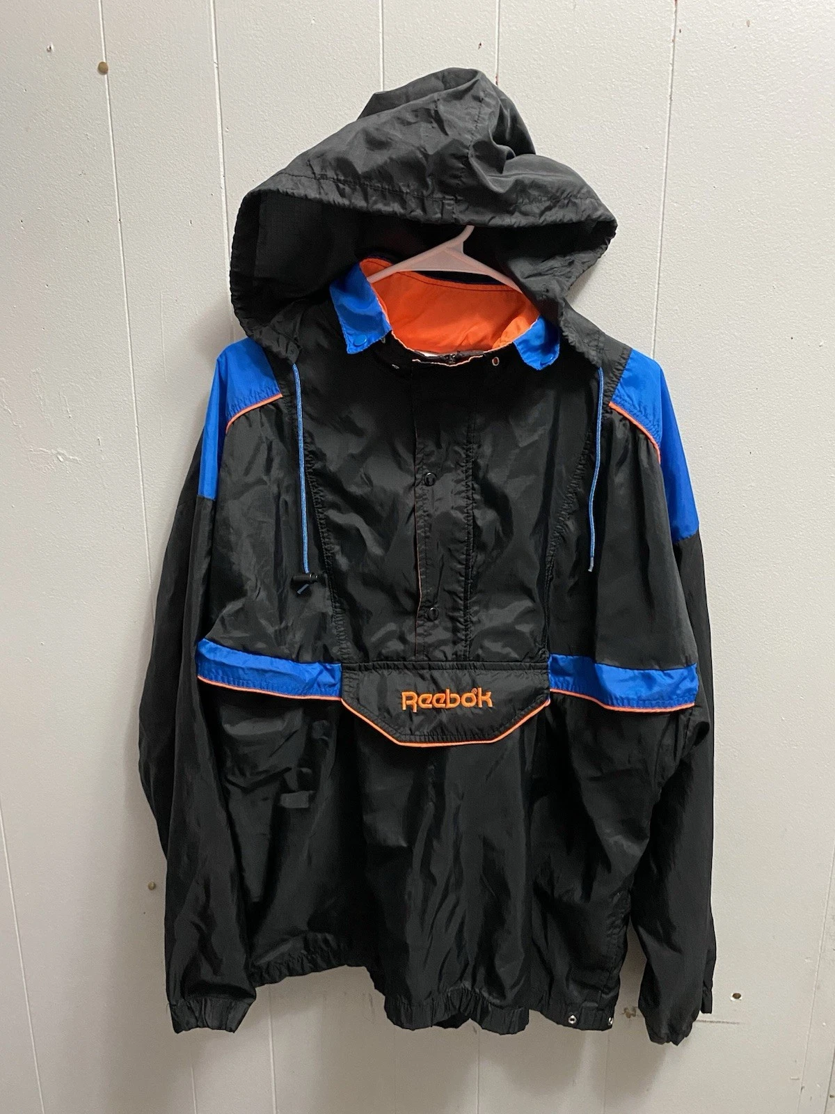 VTG Reebok Windbreaker Jacket Men’s Large Black/Blue Half Zip Vented Hooded 90’s