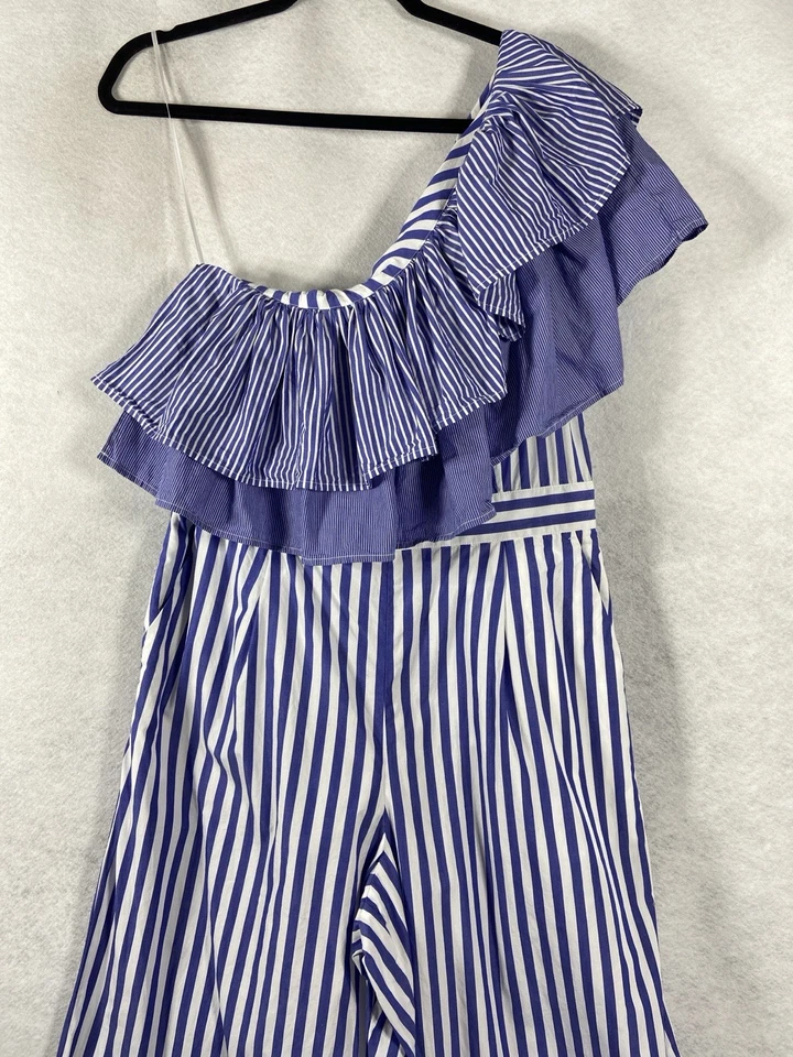 J. Mono Crew Mujer 10 Azul Blanco Un Hombro Volantes Rayas Pierna Recta Foto 3 de 4