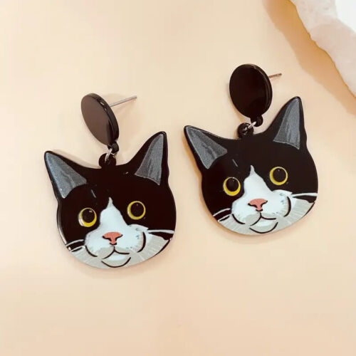 Cute Cartoon Black Cat Head Design Dangle Earrings Goth Style Acrylic Jewelry - Picture 2 of 5