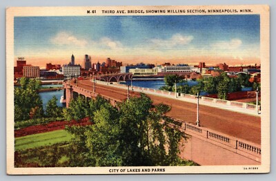 1943 Third Ave Bridge Minneapolis Minnesota Lakes And Parks Vintage Postcard