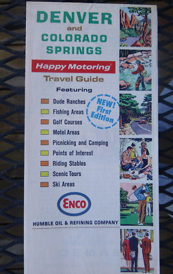 1965 Denver Colorado Springs Travel Guide  road map  Enco gas Humble oil 1st Ed